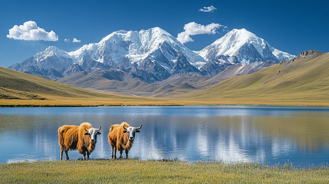 圣湖与雪山下的牦牛