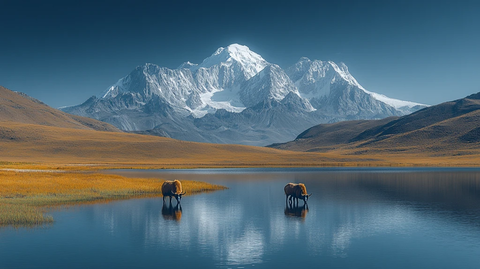 圣湖与雪山下的牦牛
