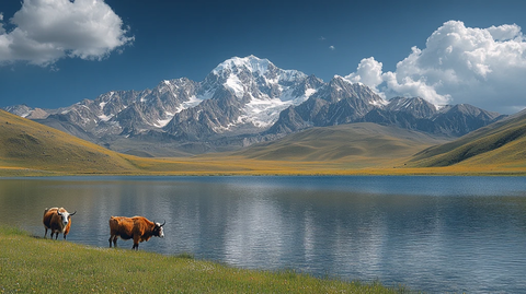圣湖与雪山下的牦牛