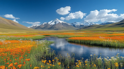 高原花海与雪山