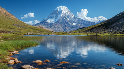 平静湖水映雪山