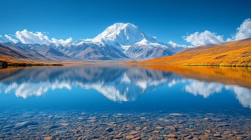 平静湖水映雪山