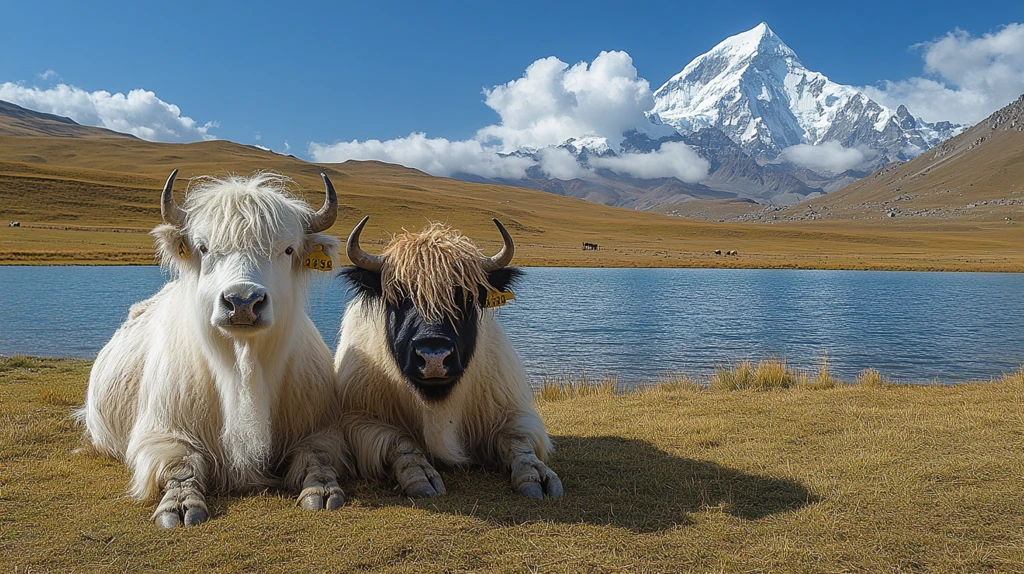 湖畔牦牛与雪山