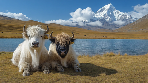 湖畔牦牛与雪山