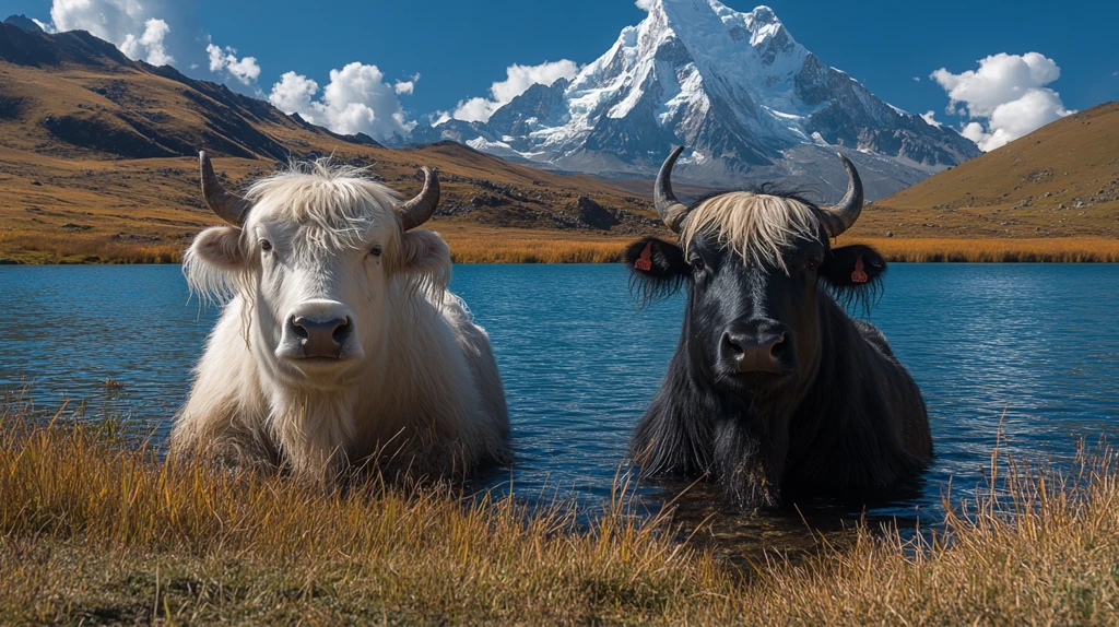 湖畔牦牛与雪山