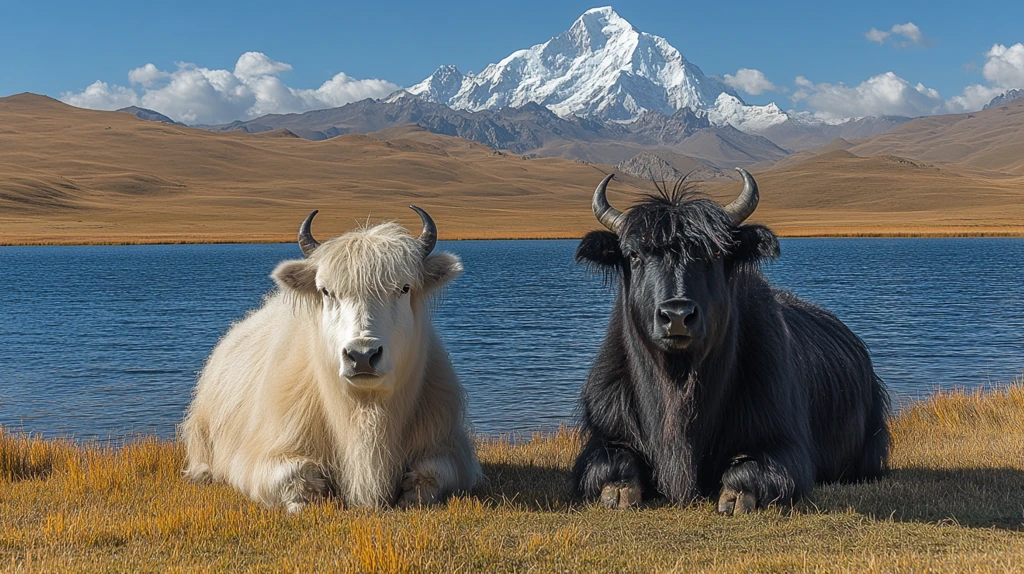 湖畔牦牛与雪山