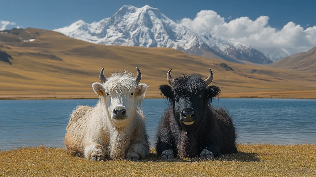 湖畔牦牛与雪山