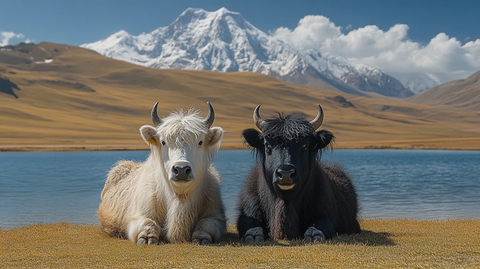 湖畔牦牛与雪山