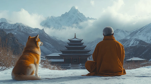 雪天僧人与犬