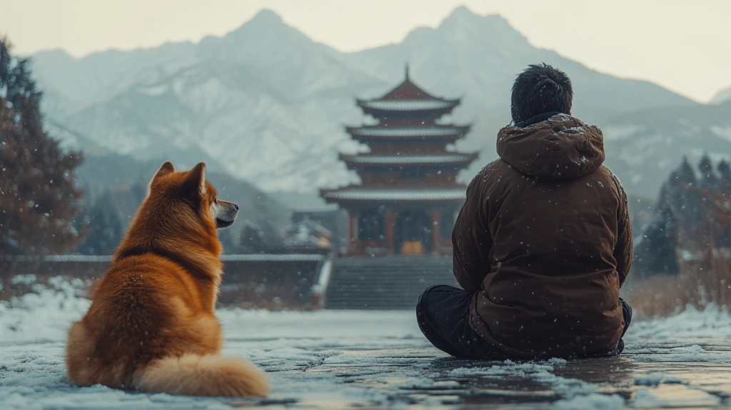 雪天僧人与犬