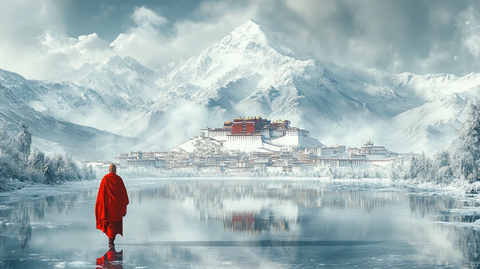 雪境中的布达拉宫与僧人