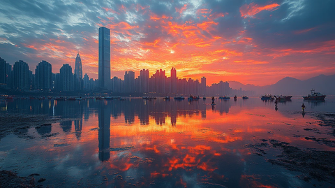 滩涂边的城市晨曦