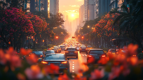 繁花伴行的城市道路