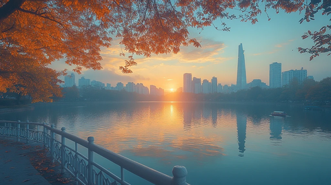 湖畔的城市黄昏