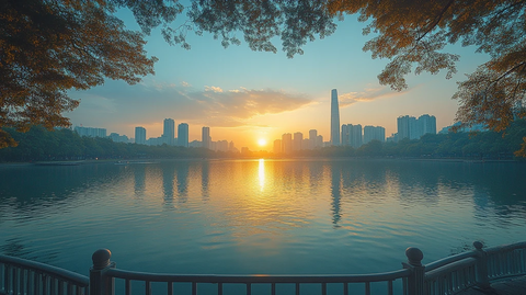 湖畔的城市黄昏