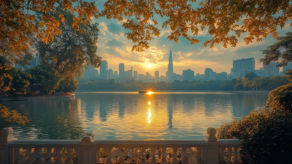 湖畔的城市黄昏