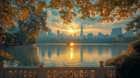 湖畔的城市黄昏