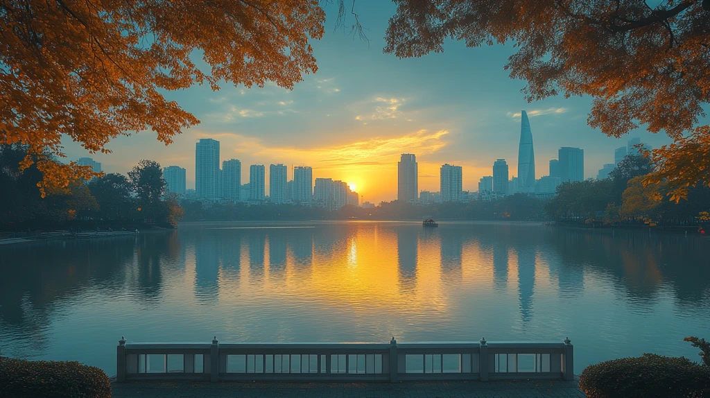 湖畔的城市黄昏