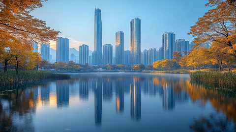 城市道路边的摩天大楼全景