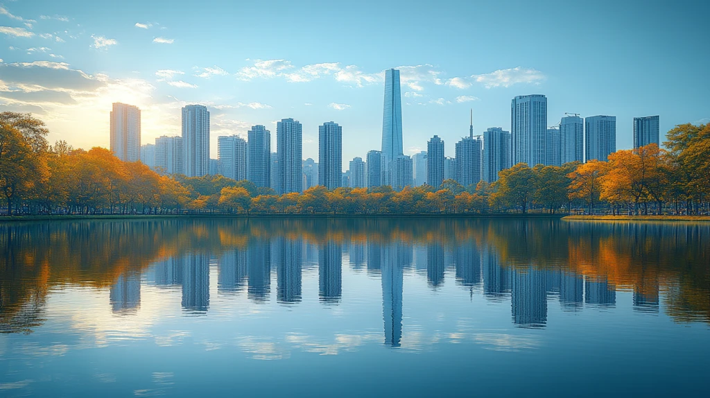 城市道路边的摩天大楼全景