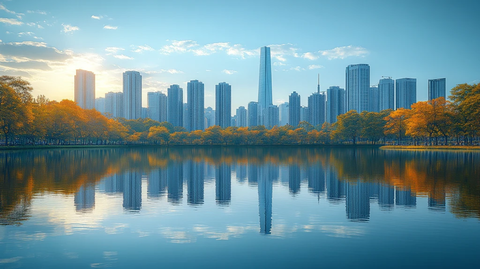 城市道路边的摩天大楼全景