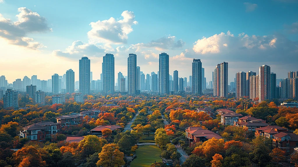 城市道路边的摩天大楼全景