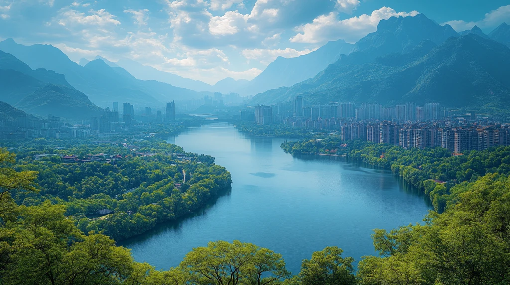 山水间的城市全景俯瞰