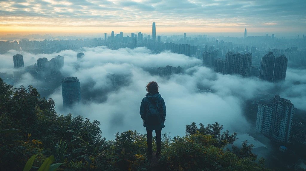 山上俯瞰城市全景及周边山脉