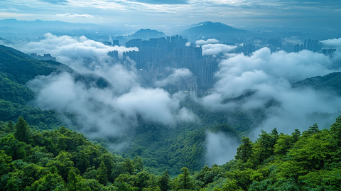 山上俯瞰城市全景及周边山脉