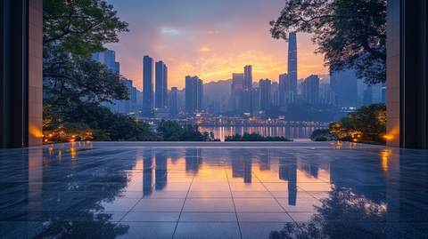 城市广场远景下的高楼大厦景象