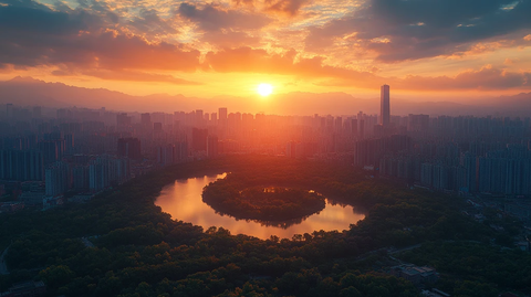 晨曦中的城市全景鸟瞰图