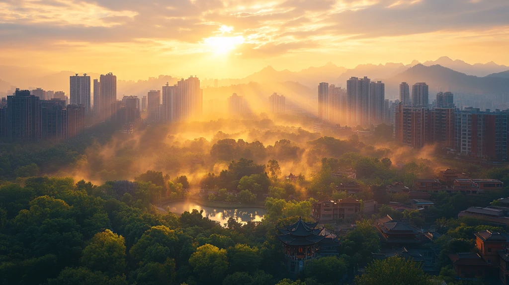 晨曦中的城市全景鸟瞰图