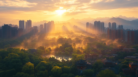 晨曦中的城市全景鸟瞰图