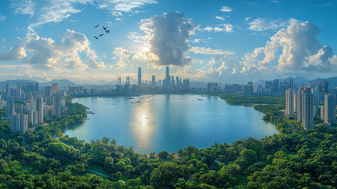 城市鸟瞰图河流与林立高楼相映成趣