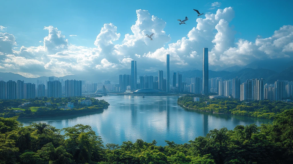 城市鸟瞰图河流与林立高楼相映成趣