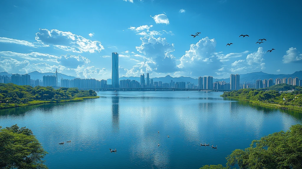 城市鸟瞰图河流与林立高楼相映成趣