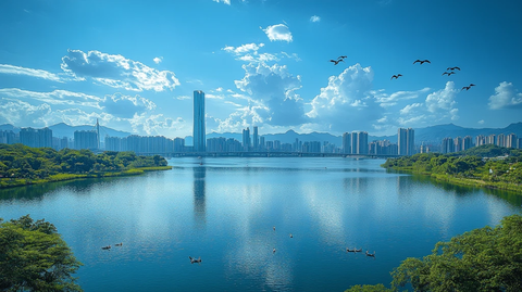 城市鸟瞰图河流与林立高楼相映成趣