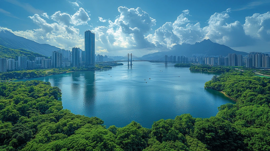 城市鸟瞰图河流与林立高楼相映成趣