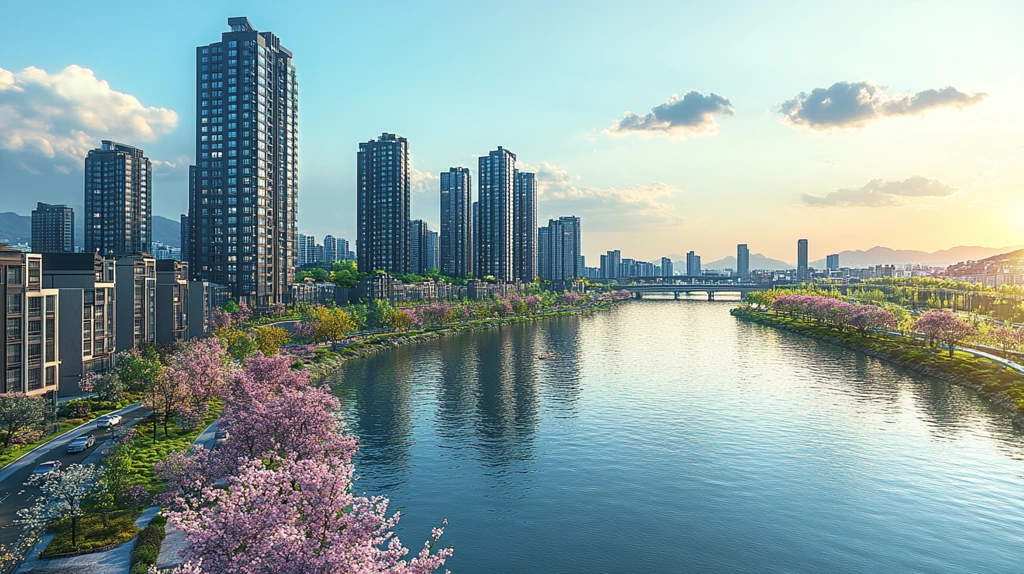 城市河流边的高楼林立的现代都市景象