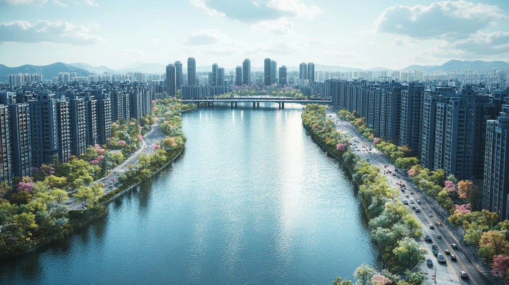 城市河流边的高楼林立的现代都市景象