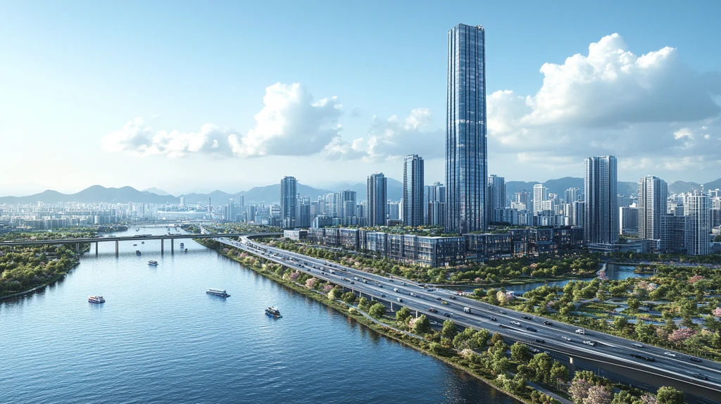 城市河流边的高楼林立的现代都市景象