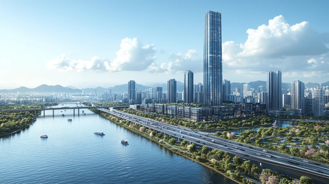 城市河流边的高楼林立的现代都市景象