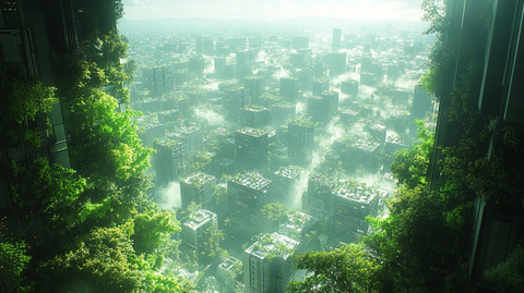 雾霭中灯火通明的城市高楼群鸟瞰全景