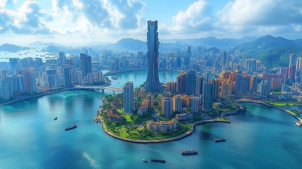 现代化都市临水建筑与桥梁的美丽景致