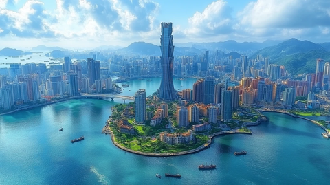 现代化都市临水建筑与桥梁的美丽景致