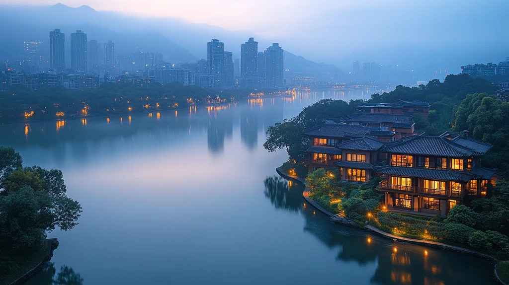 城市河畔高楼林立的日出景观