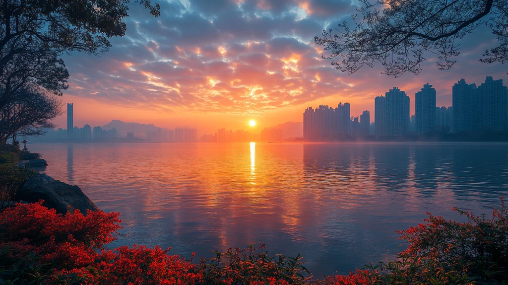 城市河畔高楼林立的日出景观