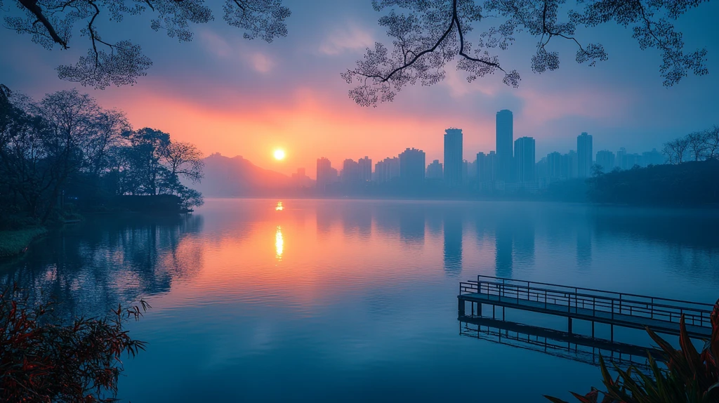 城市河畔高楼林立的日出景观