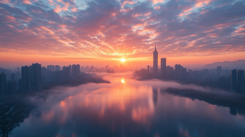 城市河畔高楼林立的日出景观