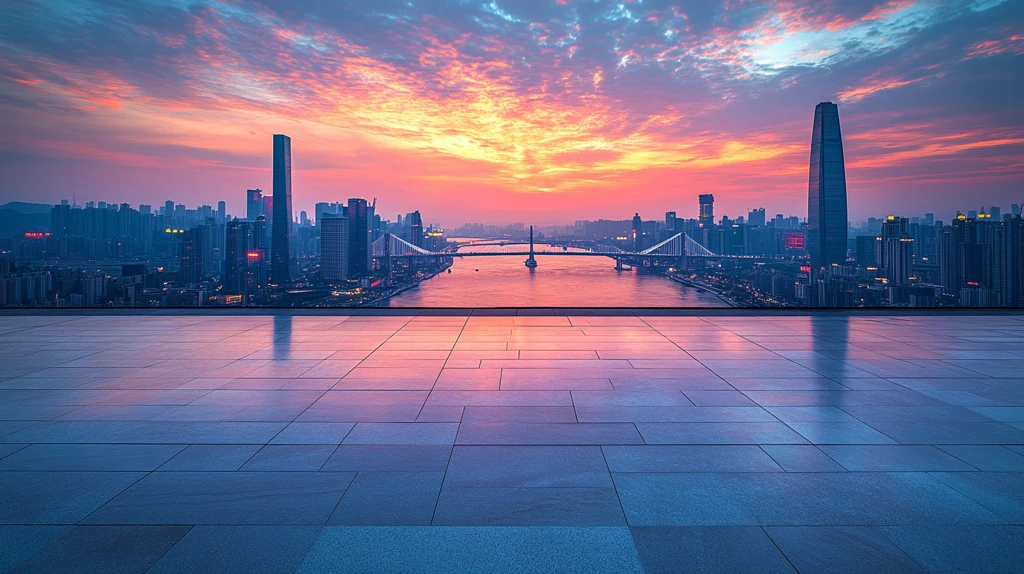 城市广场上的高楼桥梁日落景象